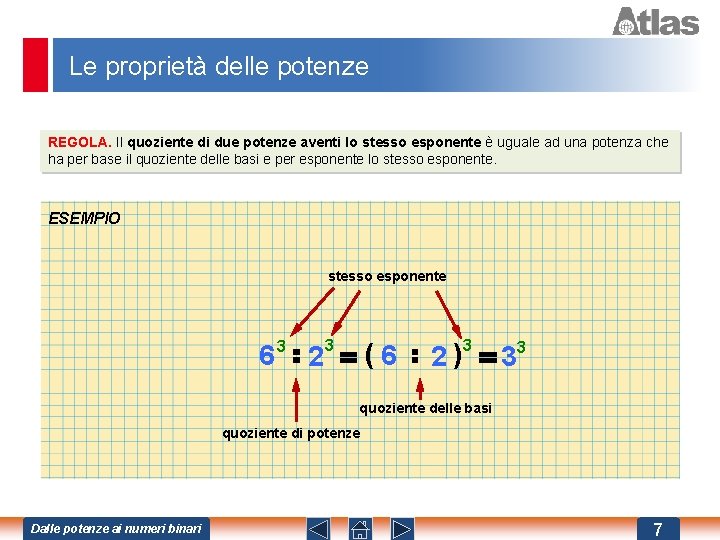 Le proprietà delle potenze REGOLA. Il quoziente di due potenze aventi lo stesso esponente Le proprietà delle potenze REGOLA. Il quoziente di due potenze aventi lo stesso esponente