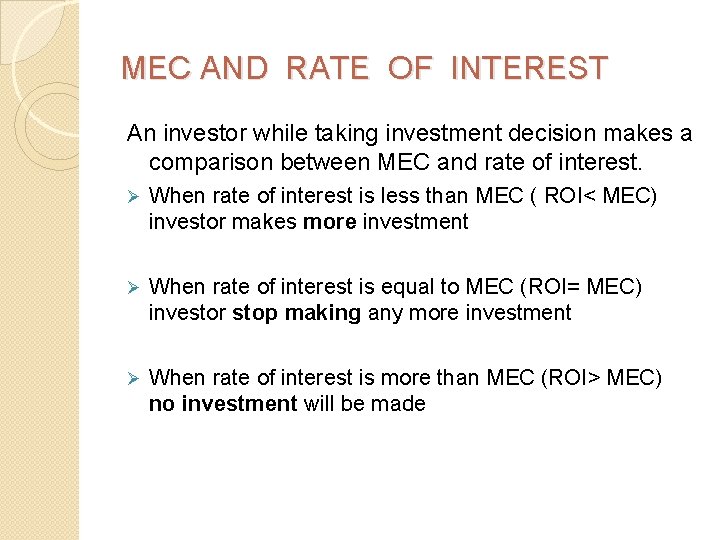 MEC AND RATE OF INTEREST An investor while taking investment decision makes a comparison