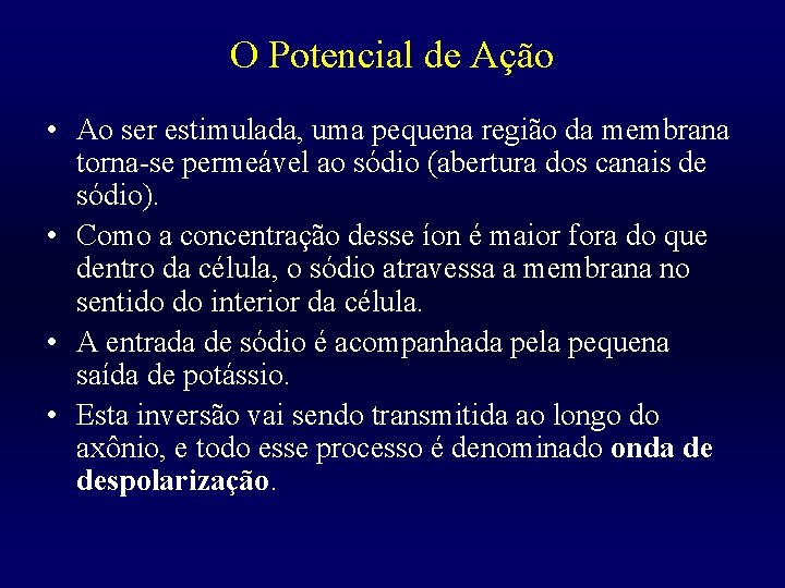 O Potencial de Ação • Ao ser estimulada, uma pequena região da membrana torna-se