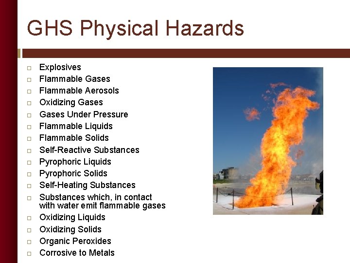 GHS Physical Hazards Explosives Flammable Gases Flammable Aerosols Oxidizing Gases Under Pressure Flammable Liquids