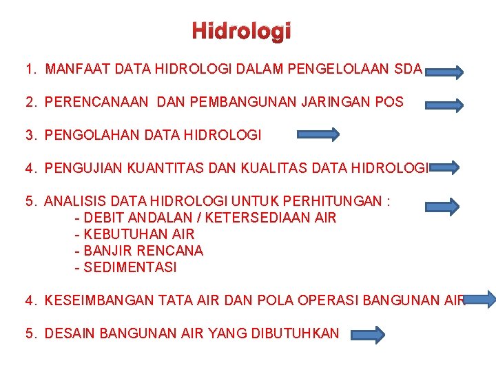 Hidrologi 1. MANFAAT DATA HIDROLOGI DALAM PENGELOLAAN SDA 2. PERENCANAAN DAN PEMBANGUNAN JARINGAN POS