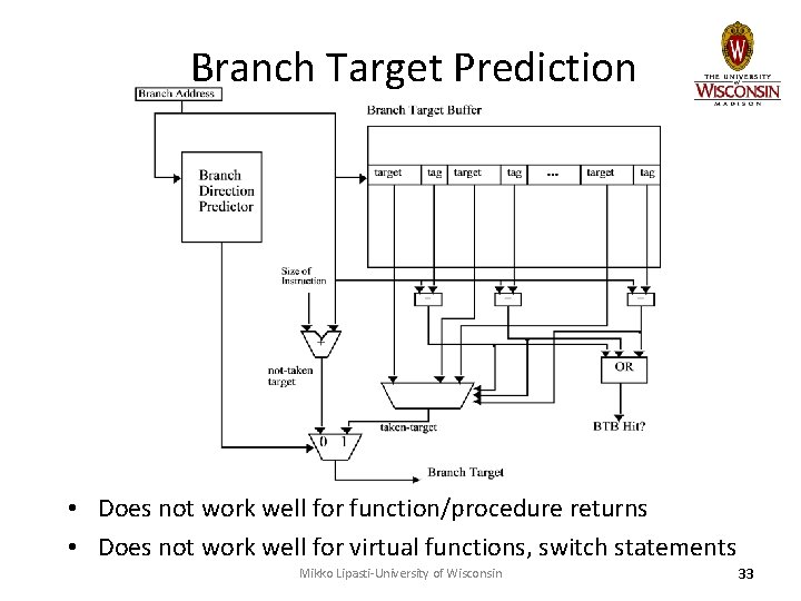 Branch Target Prediction • Does not work well for function/procedure returns • Does not