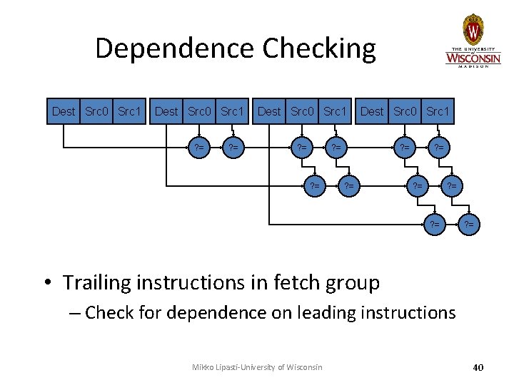 Dependence Checking Dest Src 0 Src 1 ? = ? = ? = •
