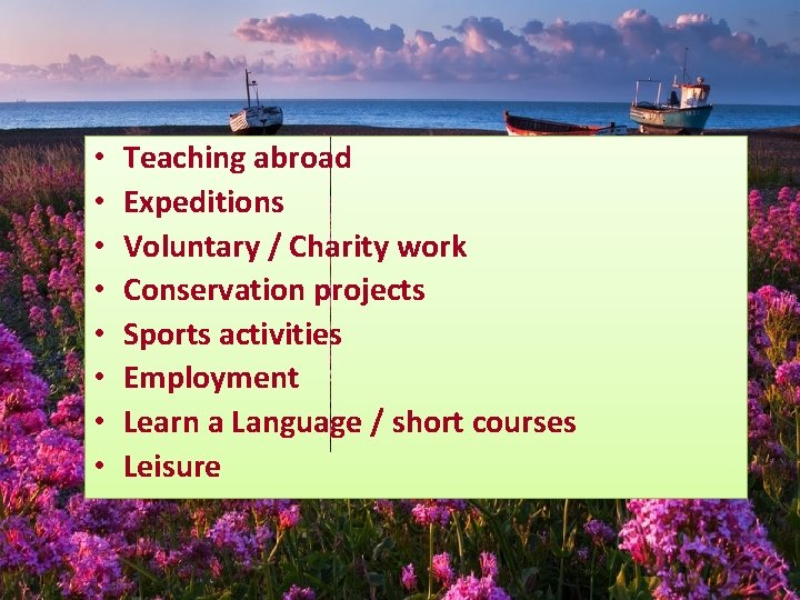  • • Teaching abroad Expeditions Voluntary / Charity work Conservation projects Sports activities