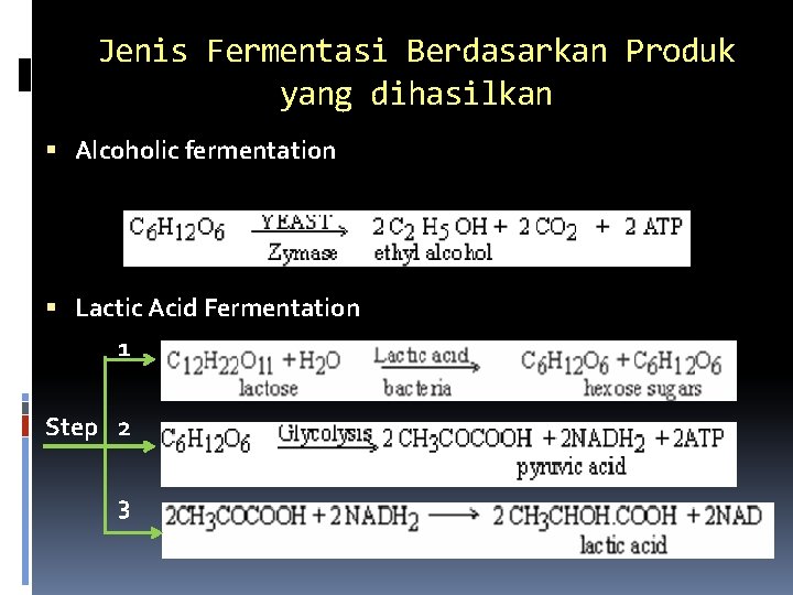 Jenis Fermentasi Berdasarkan Produk yang dihasilkan Alcoholic fermentation Lactic Acid Fermentation 1 Step 2