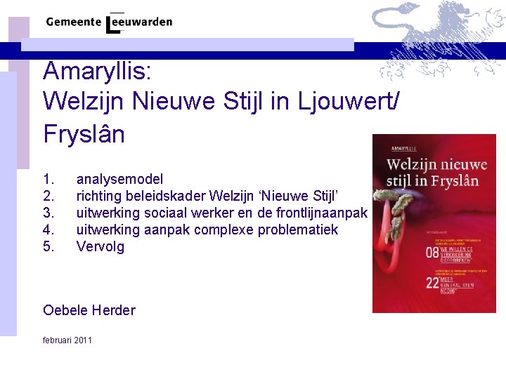 Amaryllis: Welzijn Nieuwe Stijl in Ljouwert/ Fryslân 1. 2. 3. 4. 5. analysemodel richting