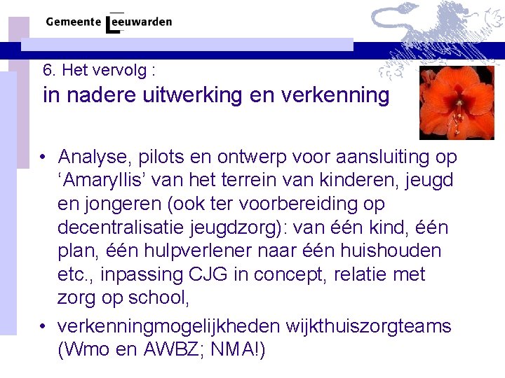 6. Het vervolg : in nadere uitwerking en verkenning • Analyse, pilots en ontwerp