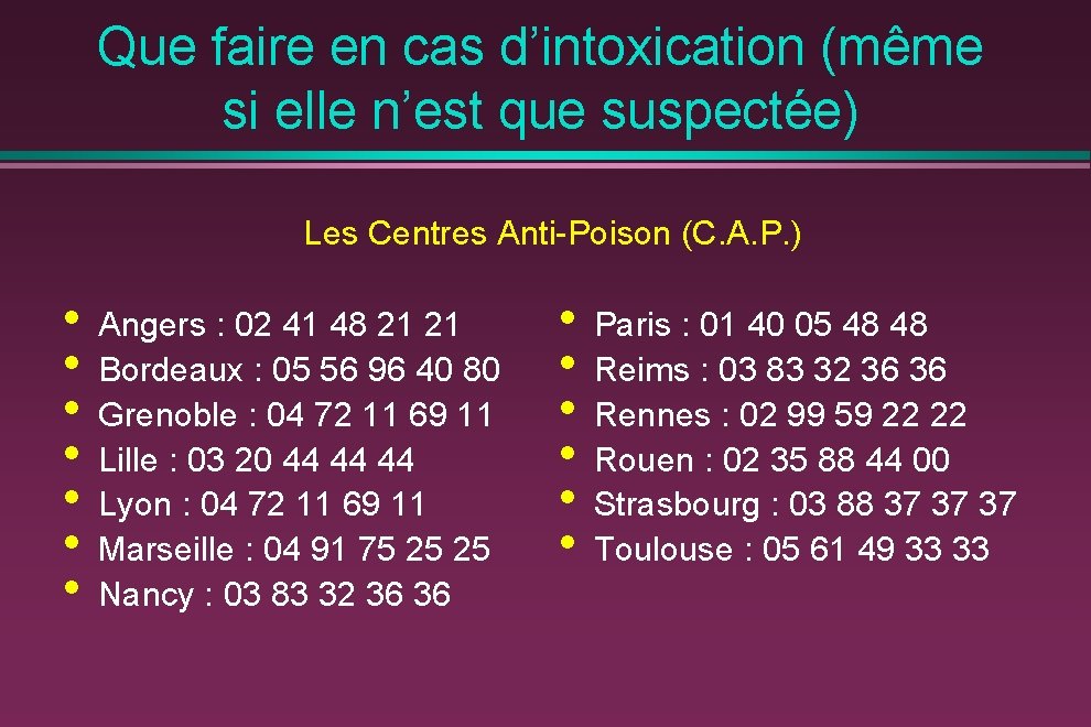 Que faire en cas d’intoxication (même si elle n’est que suspectée) Les Centres Anti-Poison