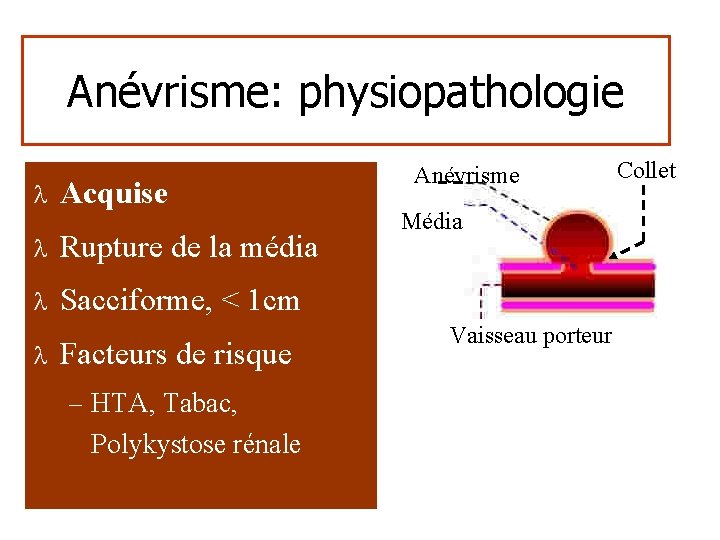 Anévrisme: physiopathologie l Acquise l Rupture de la média l Sacciforme, < 1 cm