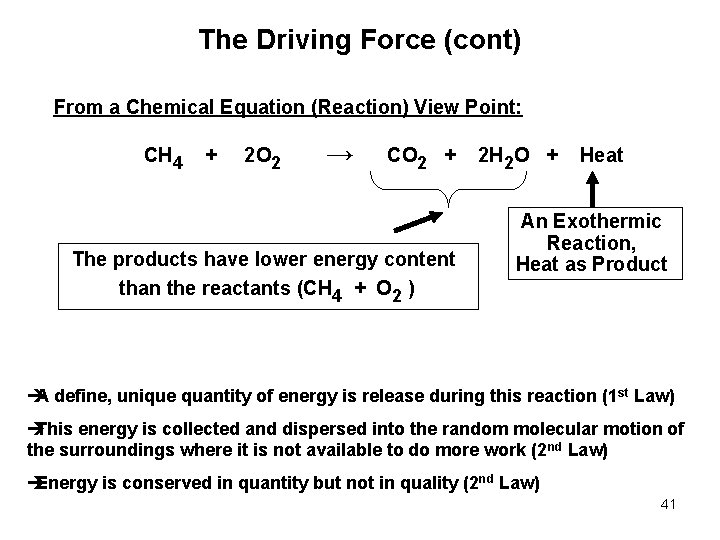 The Driving Force (cont) From a Chemical Equation (Reaction) View Point: CH 4 +