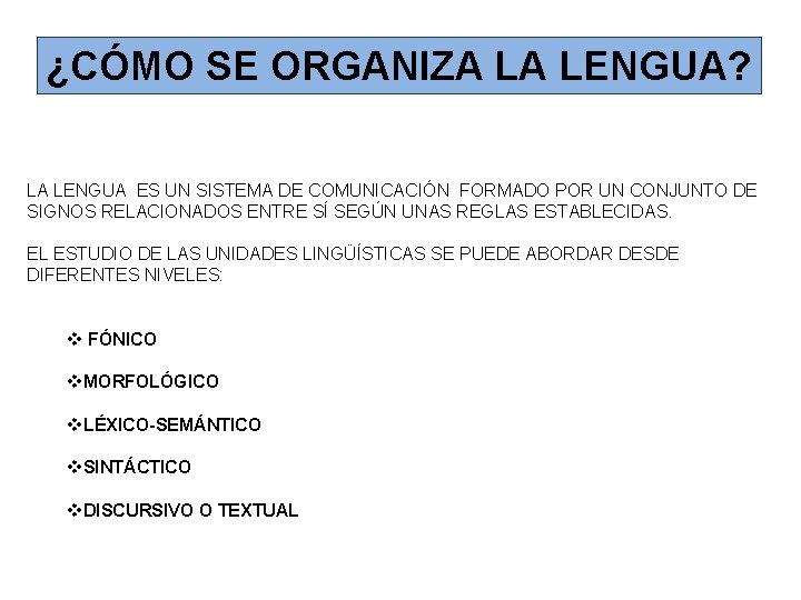 ¿CÓMO SE ORGANIZA LA LENGUA? LA LENGUA ES UN SISTEMA DE COMUNICACIÓN FORMADO POR