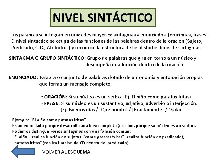 NIVEL SINTÁCTICO Las palabras se integran en unidades mayores: sintagmas y enunciados (oraciones, frases).