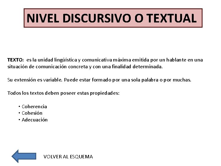 NIVEL DISCURSIVO O TEXTUAL TEXTO: es la unidad lingüística y comunicativa máxima emitida por