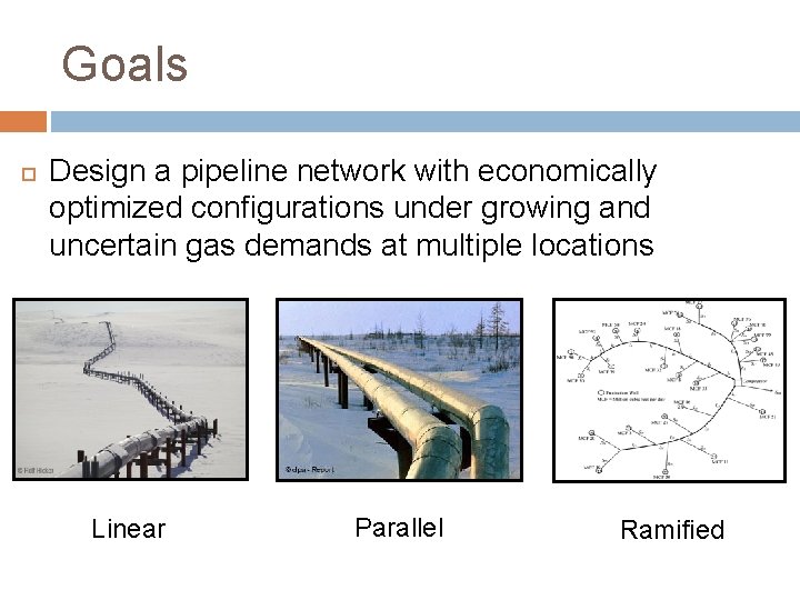 Goals Design a pipeline network with economically optimized configurations under growing and uncertain gas