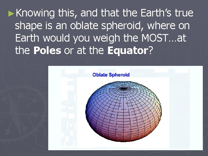 ►Knowing this, and that the Earth’s true shape is an oblate spheroid, where on