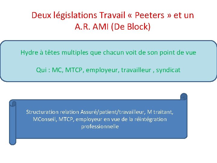 Deux législations Travail « Peeters » et un A. R. AMI (De Block) Hydre