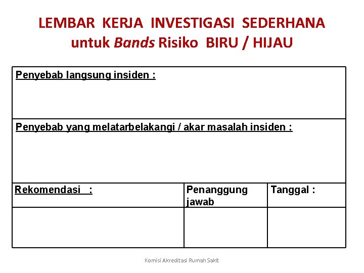 LEMBAR KERJA INVESTIGASI SEDERHANA untuk Bands Risiko BIRU / HIJAU Penyebab langsung insiden :