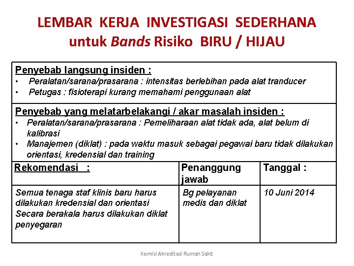 LEMBAR KERJA INVESTIGASI SEDERHANA untuk Bands Risiko BIRU / HIJAU Penyebab langsung insiden : LEMBAR KERJA INVESTIGASI SEDERHANA untuk Bands Risiko BIRU / HIJAU Penyebab langsung insiden :