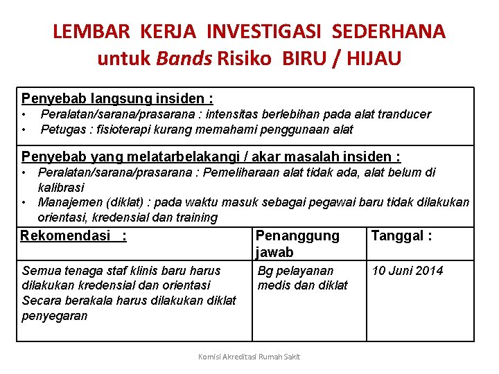 LEMBAR KERJA INVESTIGASI SEDERHANA untuk Bands Risiko BIRU / HIJAU Penyebab langsung insiden :