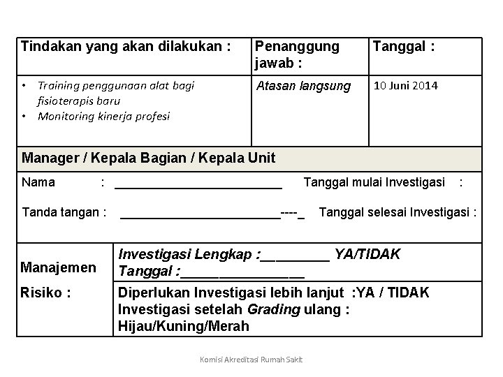 Tindakan yang akan dilakukan : Penanggung jawab : Tanggal : • Training penggunaan alat