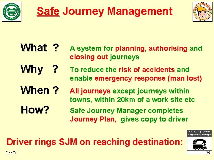 Safe Journey Management What ? A system for planning, authorising and closing out journeys Safe Journey Management What ? A system for planning, authorising and closing out journeys