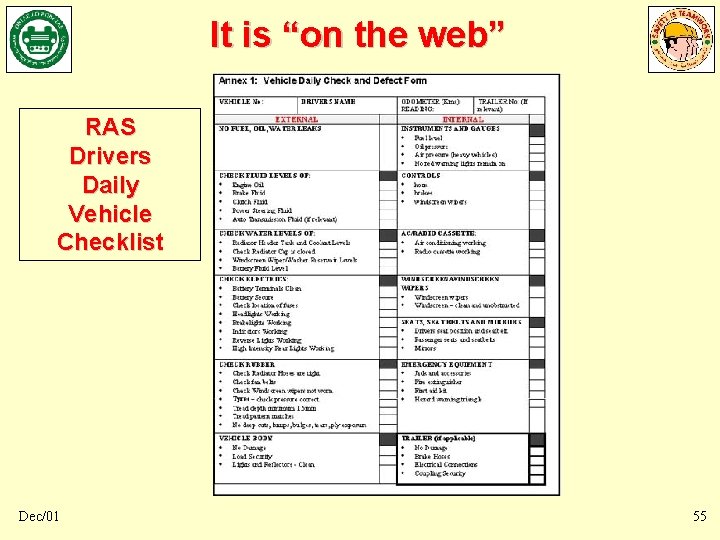 It is “on the web” RAS Drivers Daily Vehicle Checklist Dec/01 55 It is “on the web” RAS Drivers Daily Vehicle Checklist Dec/01 55