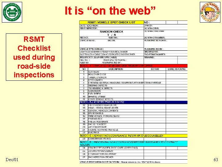 It is “on the web” RSMT Checklist used during road-side inspections Dec/01 63 It is “on the web” RSMT Checklist used during road-side inspections Dec/01 63