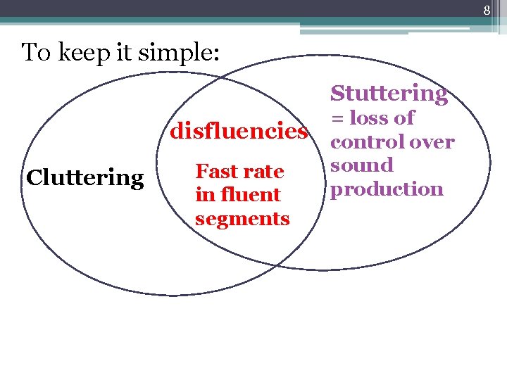 8 To keep it simple: Stuttering disfluencies Cluttering Fast rate in fluent segments =