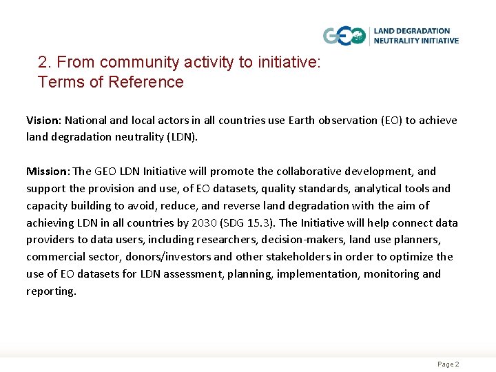 2. From community activity to initiative: Terms of Reference Vision: National and local actors