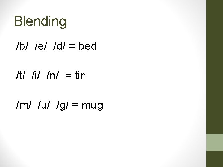 Blending /b/ /e/ /d/ = bed /t/ /i/ /n/ = tin /m/ /u/ /g/ Blending /b/ /e/ /d/ = bed /t/ /i/ /n/ = tin /m/ /u/ /g/