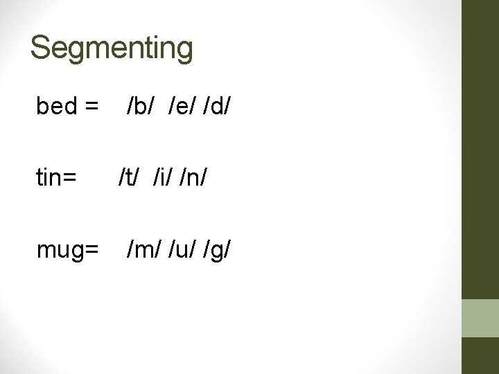 Segmenting bed = tin= mug= /b/ /e/ /d/ /t/ /i/ /n/ /m/ /u/ /g/ Segmenting bed = tin= mug= /b/ /e/ /d/ /t/ /i/ /n/ /m/ /u/ /g/