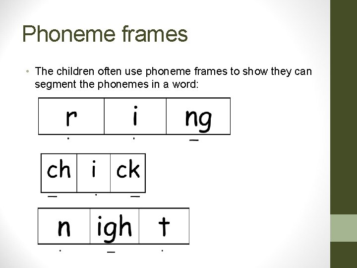 Phoneme frames • The children often use phoneme frames to show they can segment Phoneme frames • The children often use phoneme frames to show they can segment