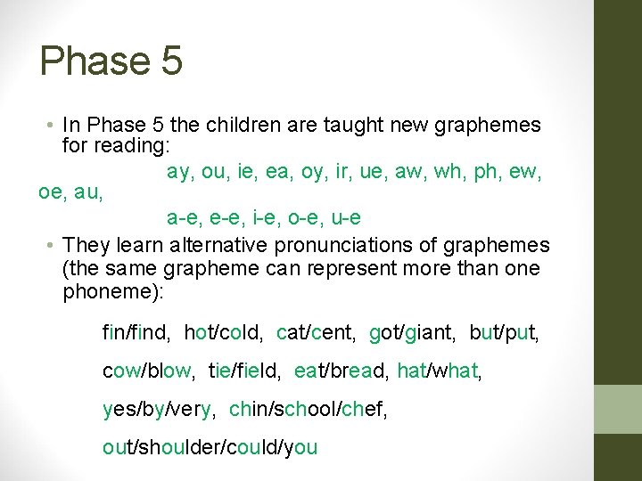 Phase 5 • In Phase 5 the children are taught new graphemes for reading: Phase 5 • In Phase 5 the children are taught new graphemes for reading: