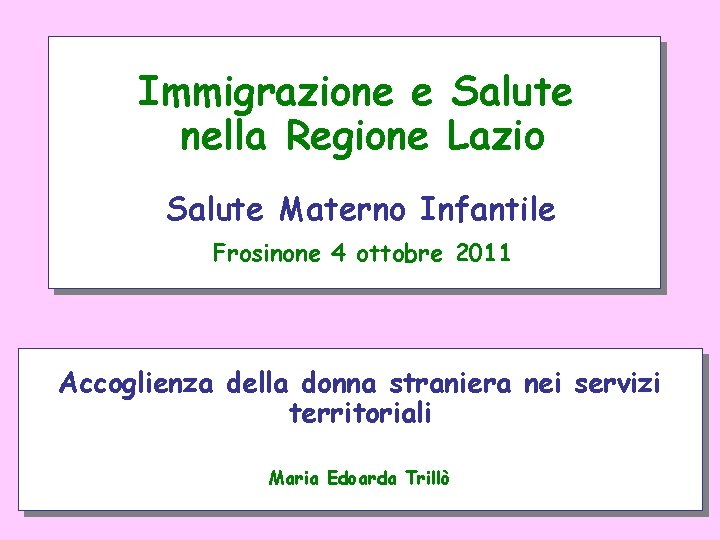 Immigrazione e Salute nella Regione Lazio Salute Materno Infantile Frosinone 4 ottobre 2011 Accoglienza