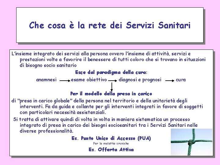 Che cosa è la rete dei Servizi Sanitari L’insieme integrato dei servizi alla persona