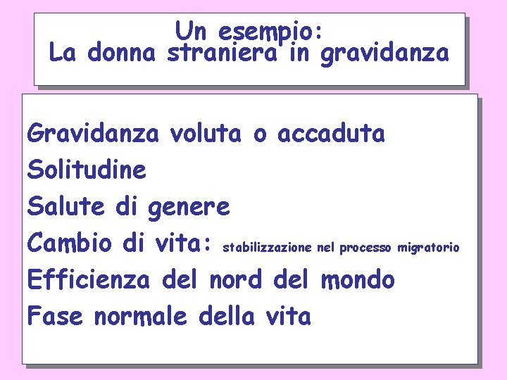 Un esempio: La donna straniera in gravidanza Gravidanza voluta o accaduta Solitudine Salute di