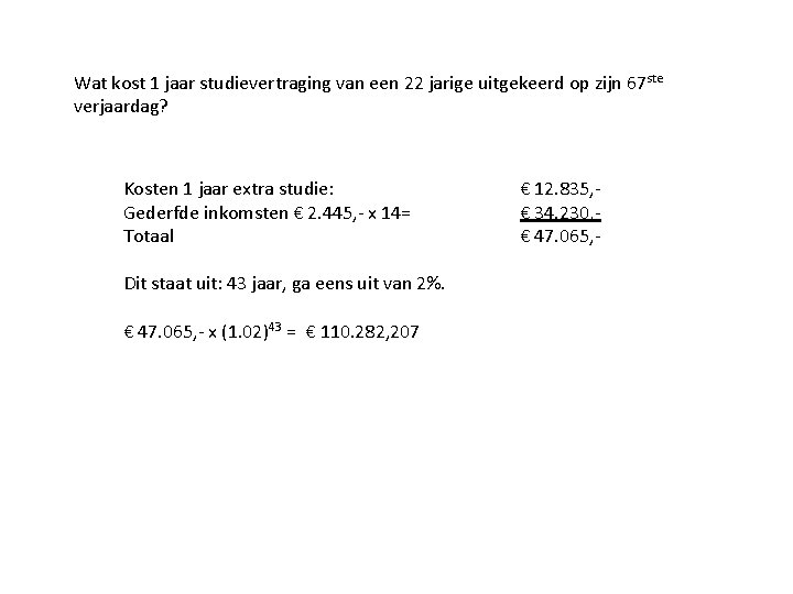 Wat kost 1 jaar studievertraging van een 22 jarige uitgekeerd op zijn 67 ste