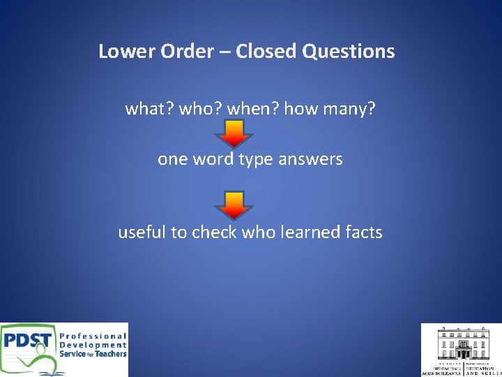 Lower Order – Closed Questions what? who? when? how many? one word type answers