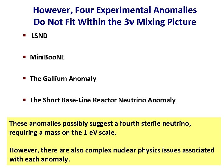 However, Four Experimental Anomalies Do Not Fit Within the 3 n Mixing Picture §