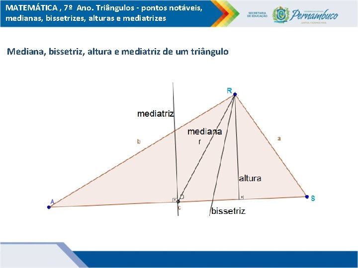 MATEMÁTICA , 7º Ano. Triângulos - pontos notáveis, medianas, bissetrizes, alturas e mediatrizes Mediana,