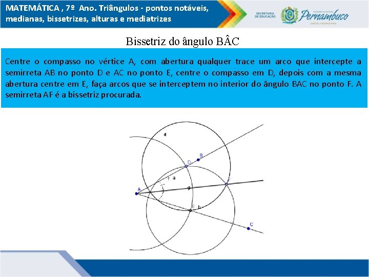 MATEMÁTICA , 7º Ano. Triângulos - pontos notáveis, medianas, bissetrizes, alturas e mediatrizes Bissetriz