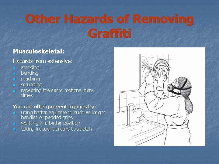 Other Hazards of Removing Graffiti Musculoskeletal: Hazards from extensive: n standing n bending n