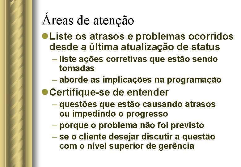 Áreas de atenção l Liste os atrasos e problemas ocorridos desde a última atualização