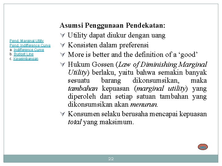 Pend. Marginal Utlity Pend. Indifference Curve a. Indifference Curve b. Budget Line c. Keseimbangan