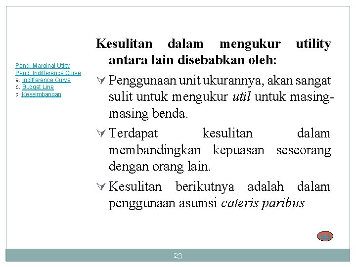 Pend. Marginal Utlity Pend. Indifference Curve a. Indifference Curve b. Budget Line c. Keseimbangan