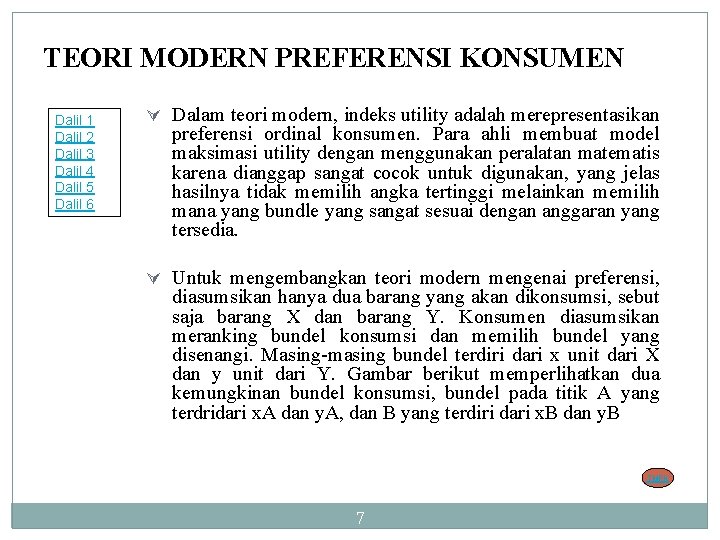 TEORI MODERN PREFERENSI KONSUMEN Dalil 1 Dalil 2 Dalil 3 Dalil 4 Dalil 5