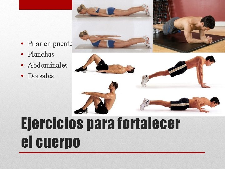  • • Pilar en puente Planchas Abdominales Dorsales Ejercicios para fortalecer el cuerpo