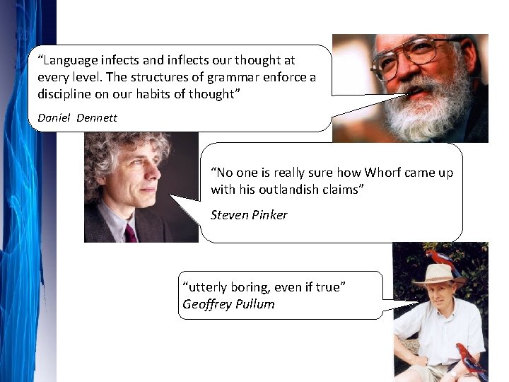 “Language infects and inflects our thought at every level. The structures of grammar enforce