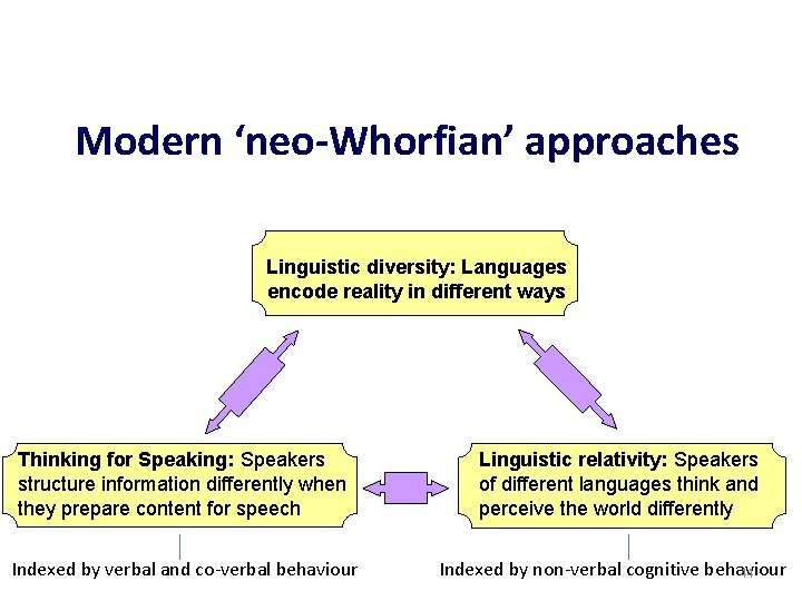 Modern ‘neo-Whorfian’ approaches Linguistic diversity: Languages encode reality in different ways Thinking for Speaking: