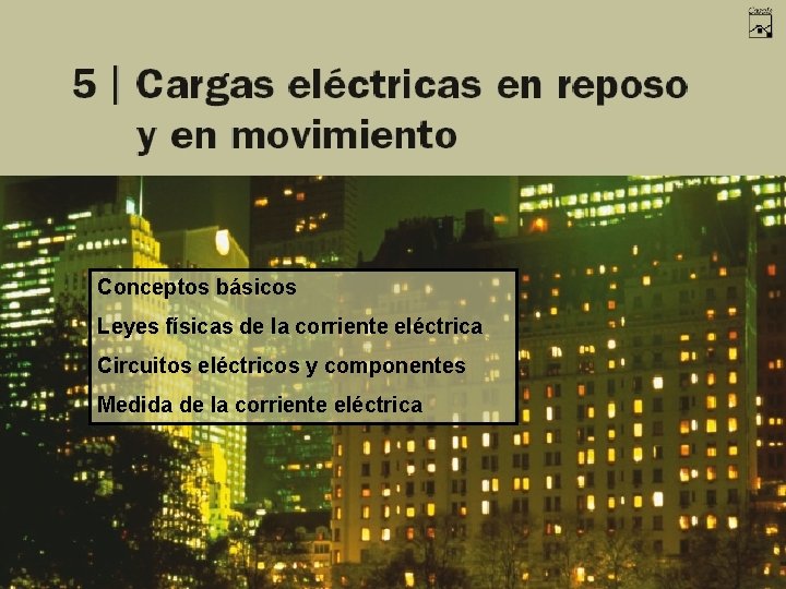 Conceptos básicos Leyes físicas de la corriente eléctrica Circuitos eléctricos y componentes Medida de